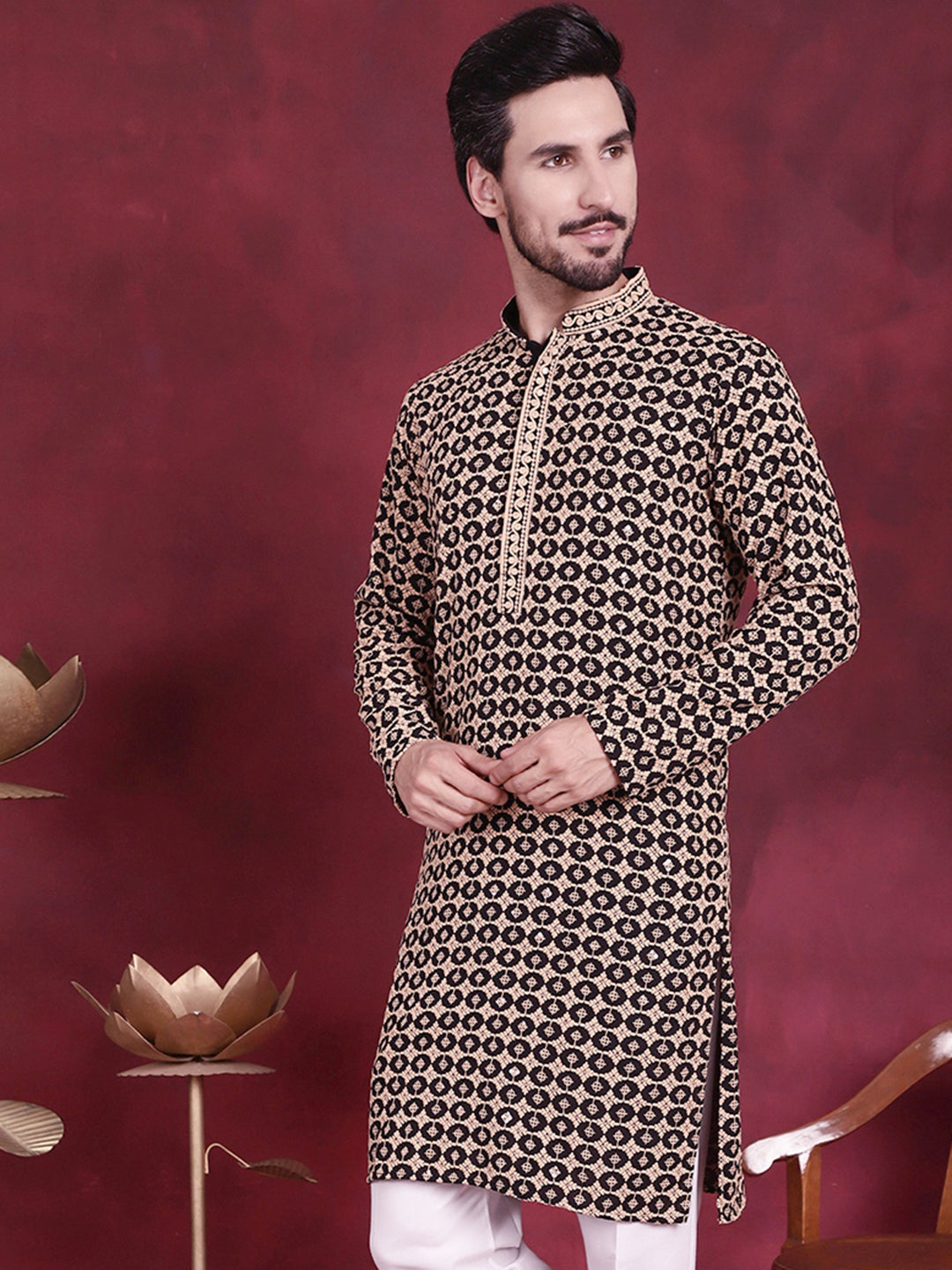 Jompers Men's Sequins Embroidered Kurta - Black - Distacart