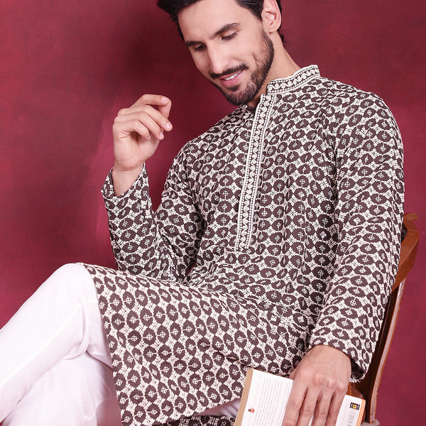 Jompers Men's Sequins Embroidered Kurta - Brown - Distacart