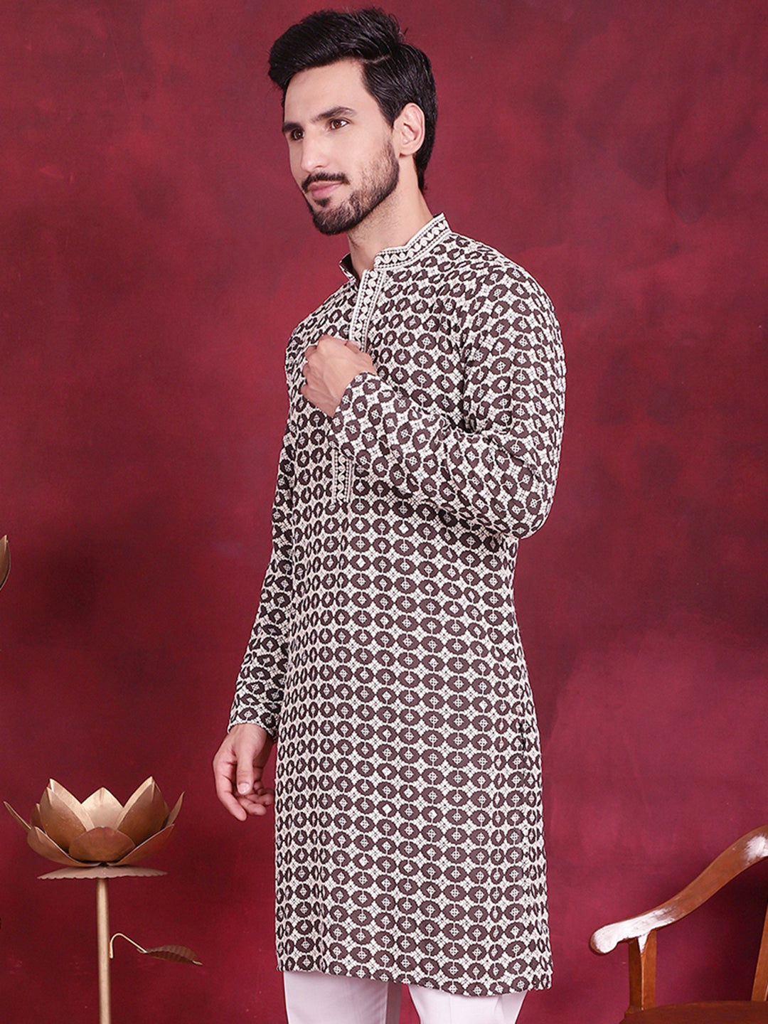 Jompers Men's Sequins Embroidered Kurta - Brown - Distacart