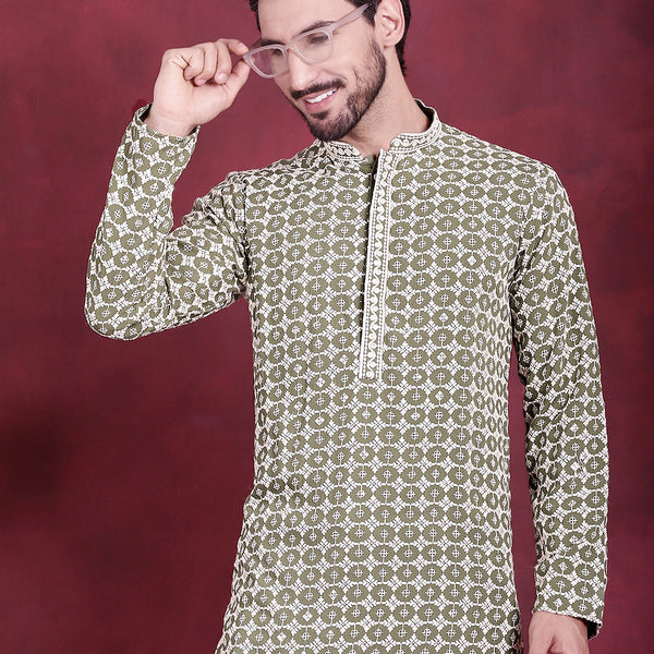 Jompers Men's Sequins Embroidered Kurta - Mehndi - Distacart