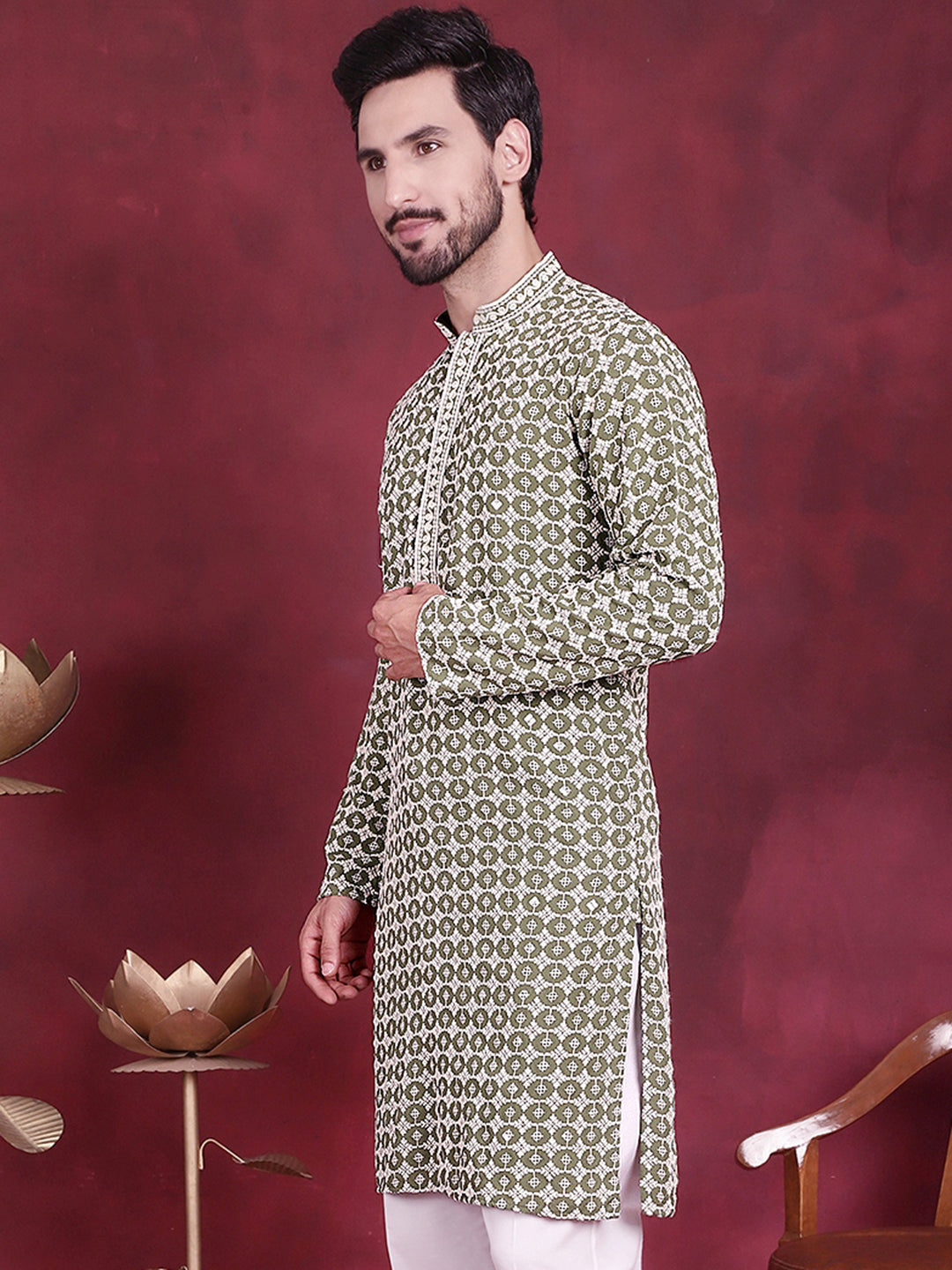 Jompers Men's Sequins Embroidered Kurta - Mehndi - Distacart