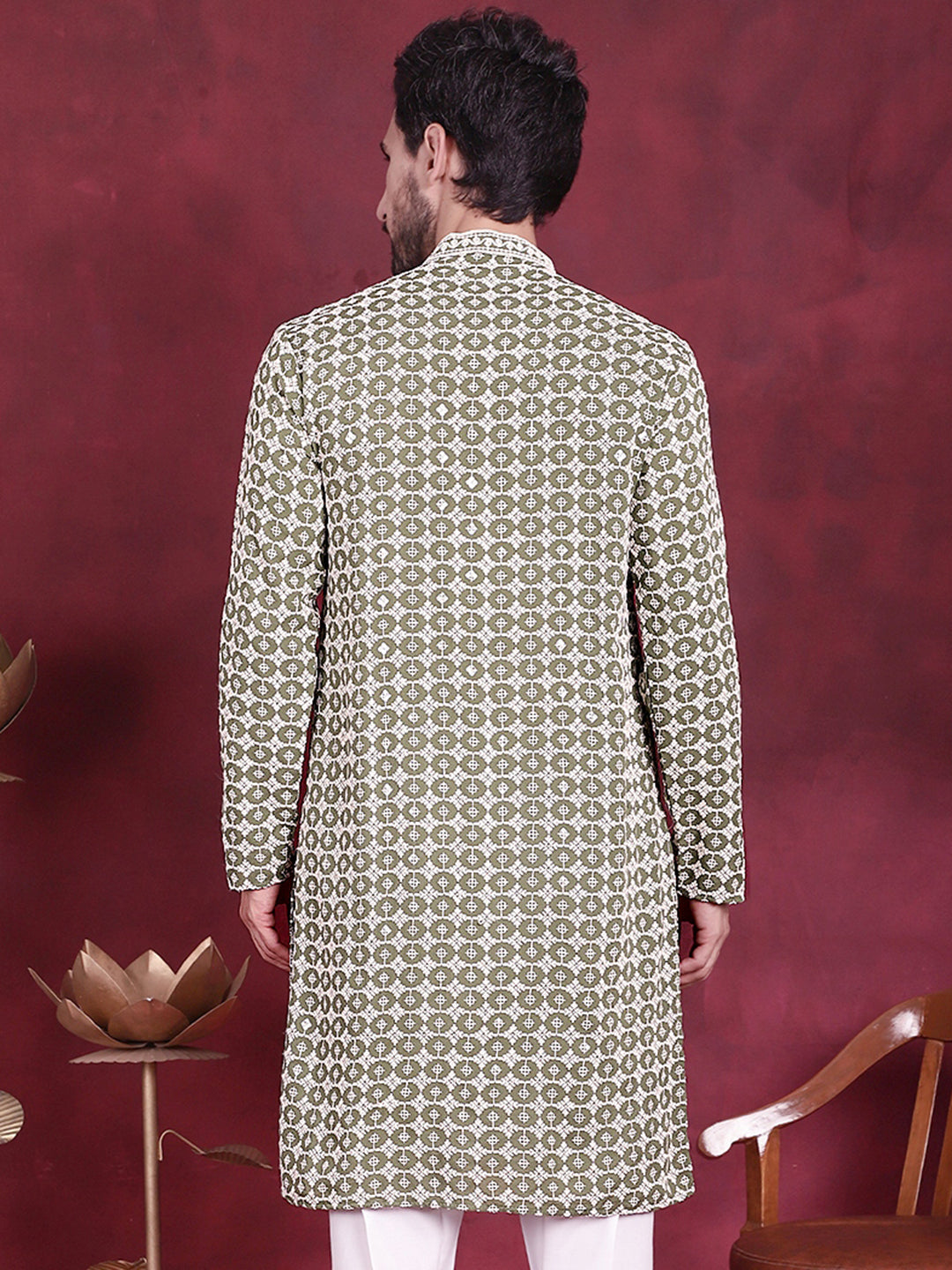 Jompers Men's Sequins Embroidered Kurta - Mehndi - Distacart