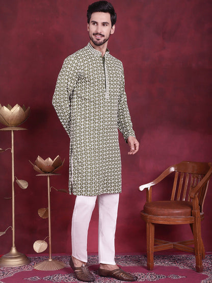 Jompers Men's Sequins Embroidered Kurta - Mehndi - Distacart