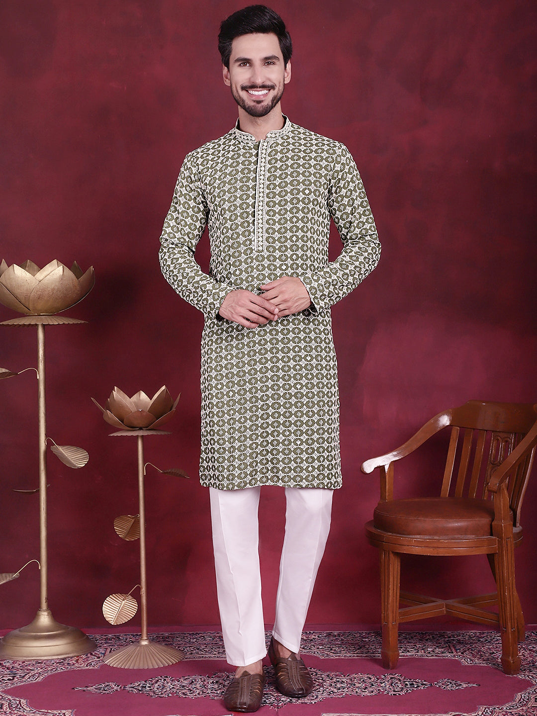 Jompers Men's Sequins Embroidered Kurta - Mehndi - Distacart