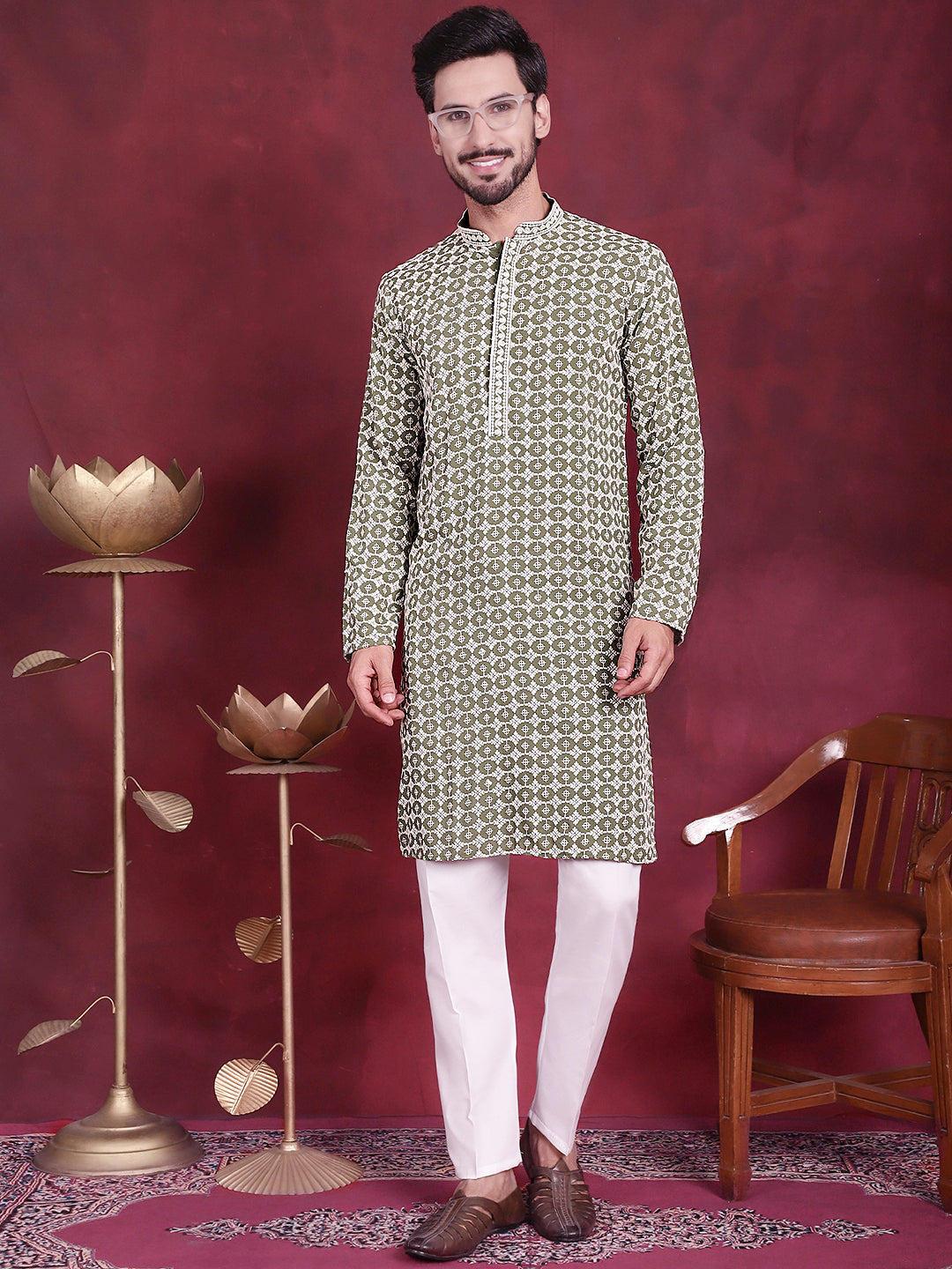 Jompers Men's Sequins Embroidered Kurta - Mehndi - Distacart