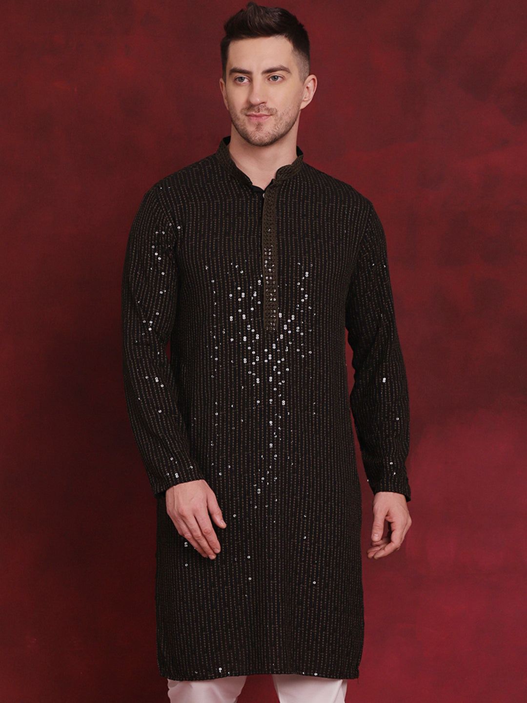 Jompers Men's Sequins Chikankari Embroidered Kurta - Olive - Distacart
