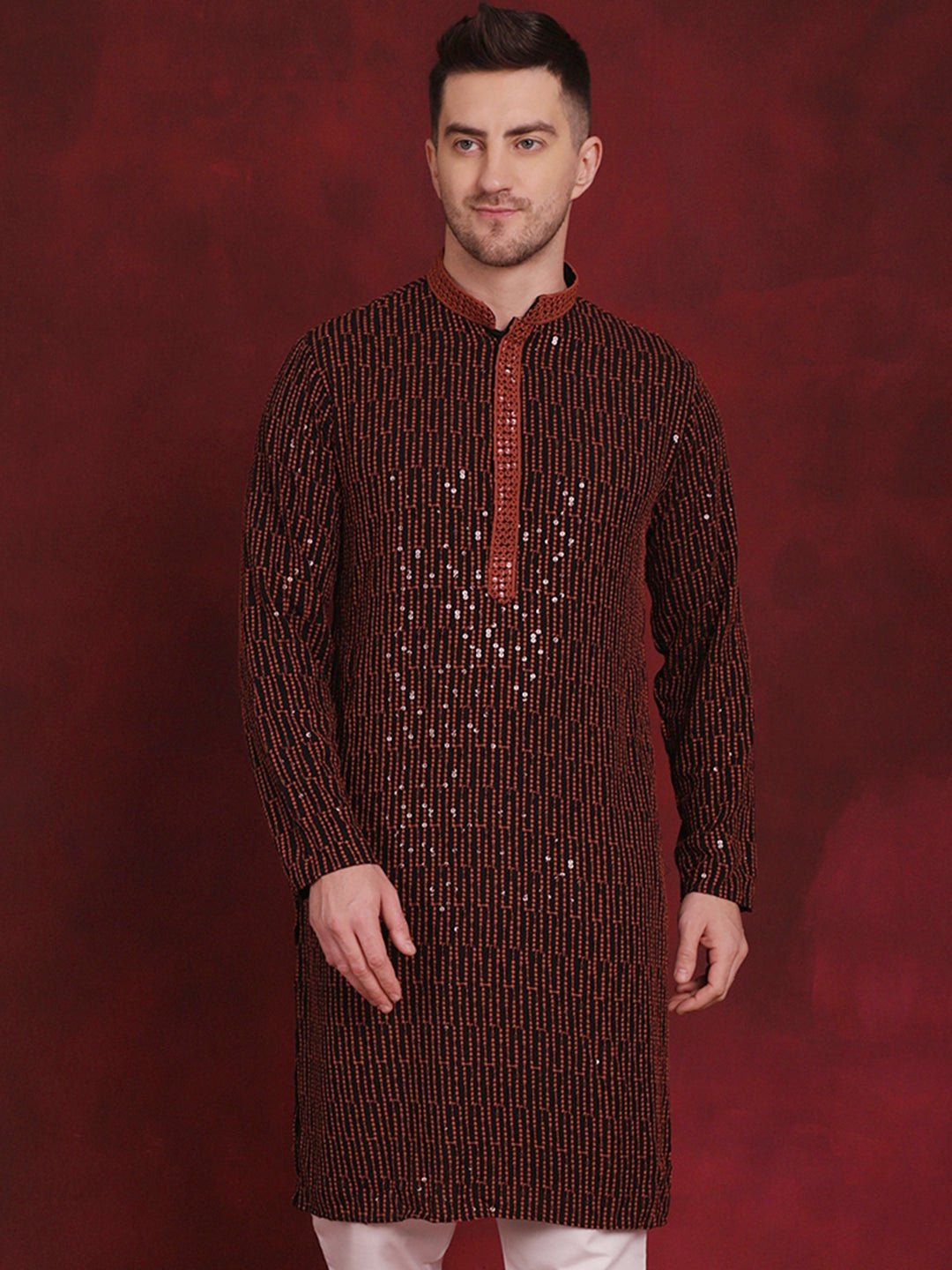 Jompers Men's Sequins Chikankari Embroidered Kurta - Orange - Distacart