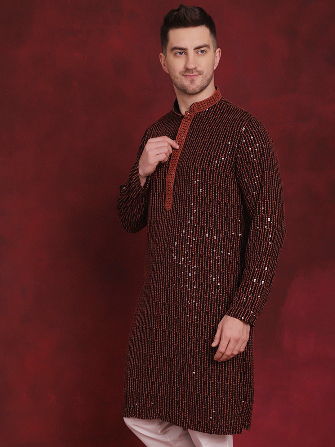 Jompers Men's Sequins Chikankari Embroidered Kurta - Orange - Distacart