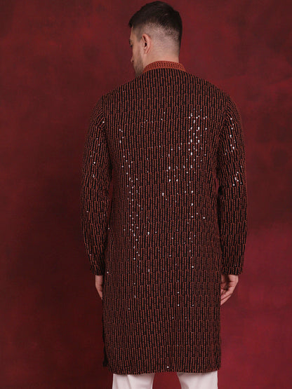 Jompers Men's Sequins Chikankari Embroidered Kurta - Orange - Distacart