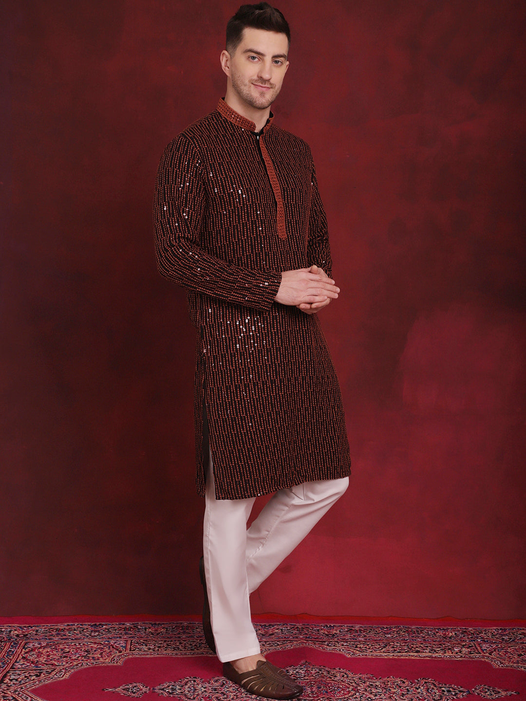 Jompers Men's Sequins Chikankari Embroidered Kurta - Orange - Distacart
