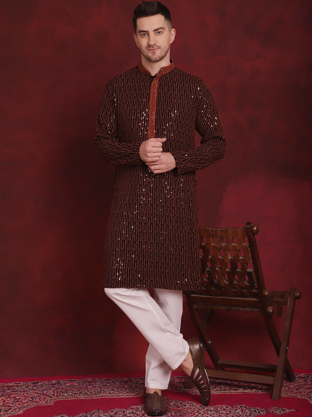 Jompers Men's Sequins Chikankari Embroidered Kurta - Orange - Distacart