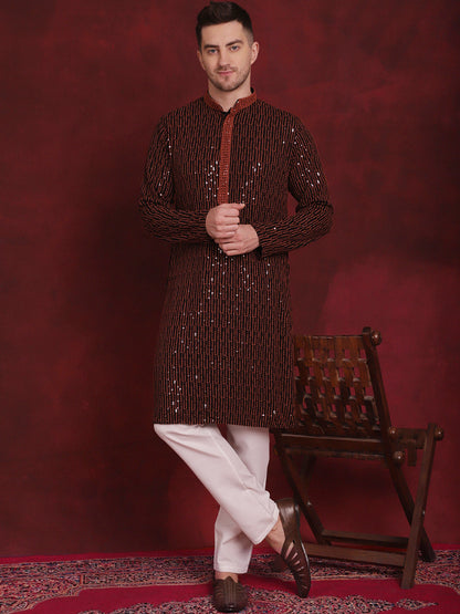 Jompers Men's Sequins Chikankari Embroidered Kurta - Orange - Distacart