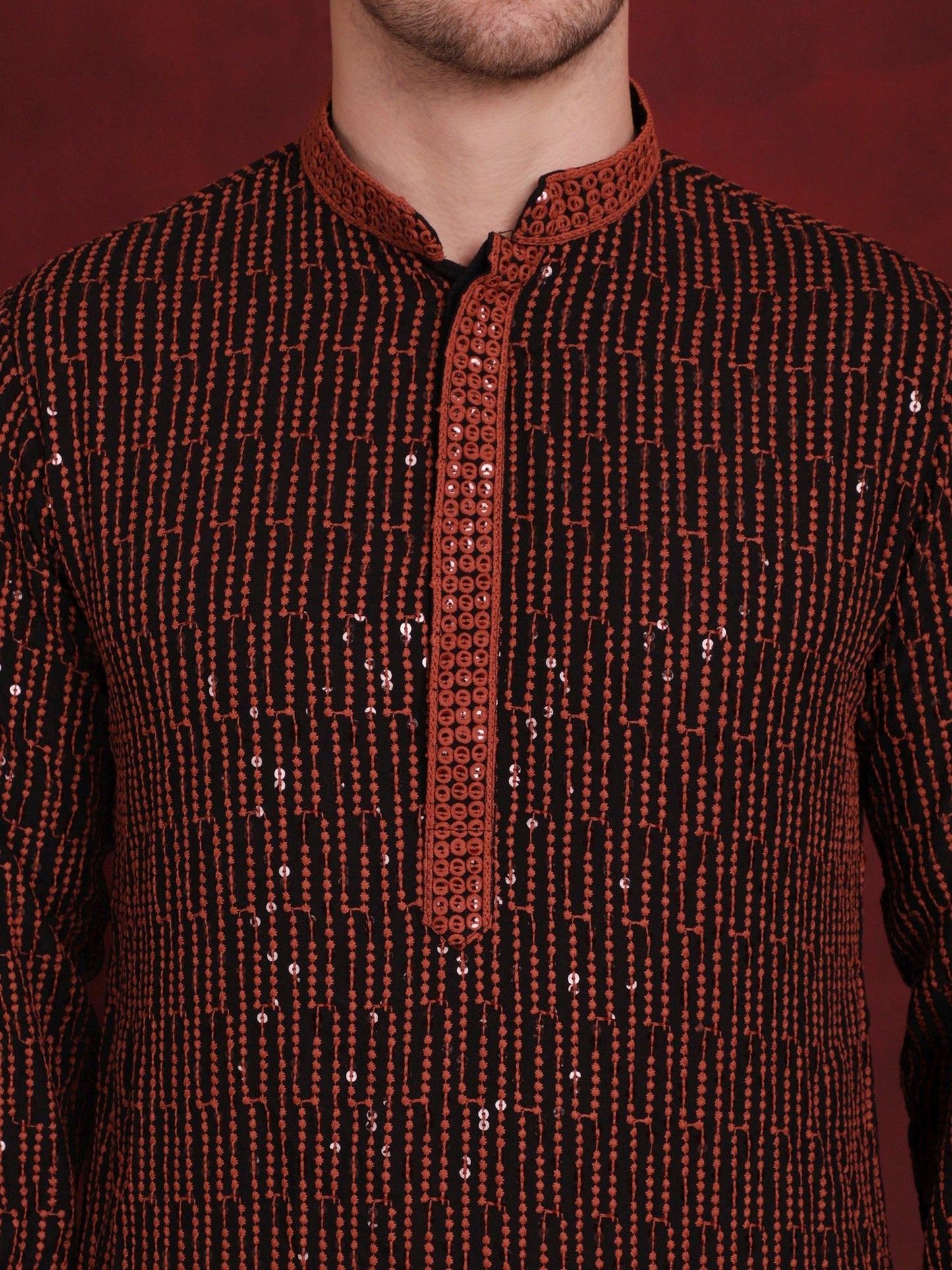 Jompers Men's Sequins Chikankari Embroidered Kurta - Orange - Distacart