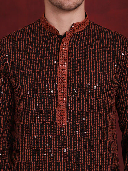 Jompers Men's Sequins Chikankari Embroidered Kurta - Orange - Distacart
