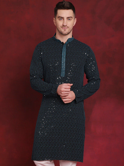 Jompers Men's Sequins Chikankari Embroidered Kurta - Peacock - Distacart