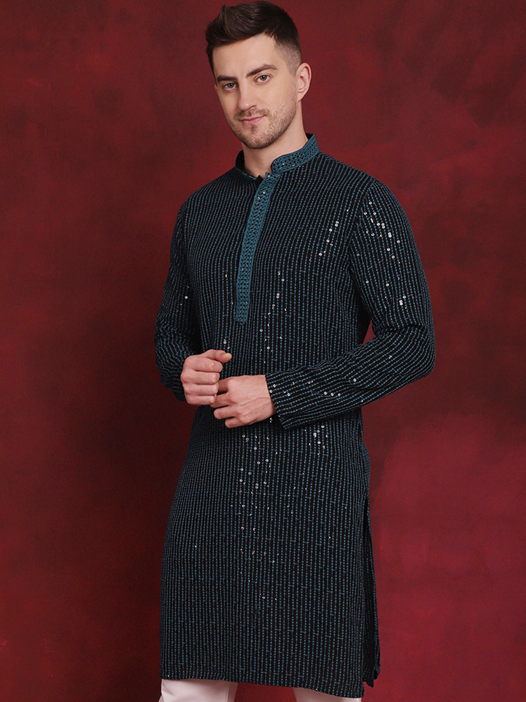 Jompers Men's Sequins Chikankari Embroidered Kurta - Peacock - Distacart