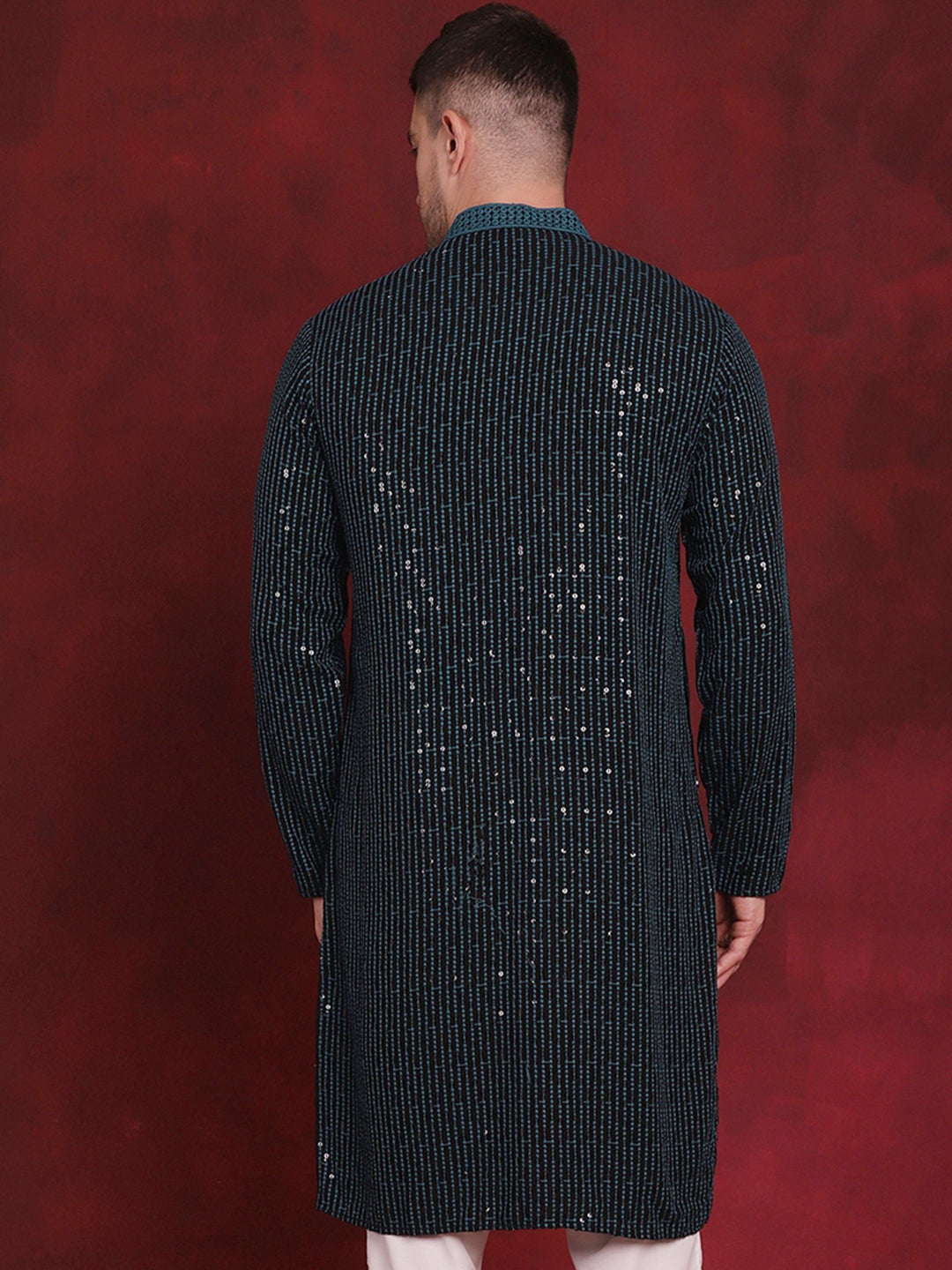 Jompers Men's Sequins Chikankari Embroidered Kurta - Peacock - Distacart