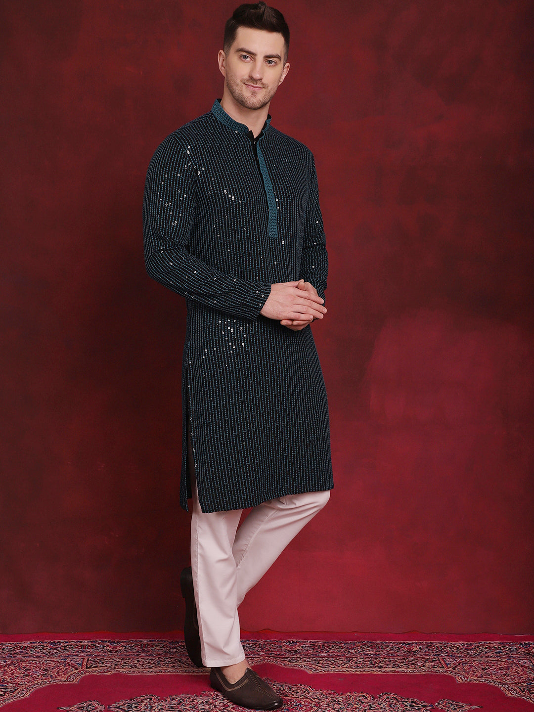 Jompers Men's Sequins Chikankari Embroidered Kurta - Peacock - Distacart