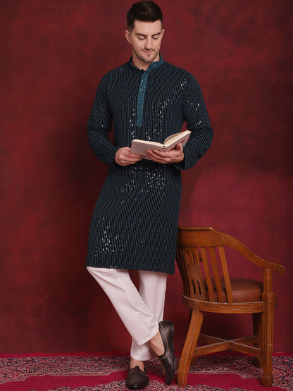 Jompers Men's Sequins Chikankari Embroidered Kurta - Peacock - Distacart
