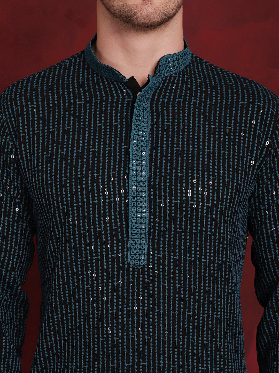Jompers Men's Sequins Chikankari Embroidered Kurta - Peacock - Distacart