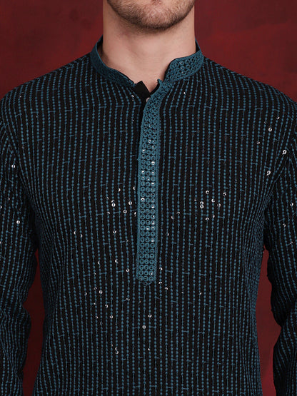 Jompers Men's Sequins Chikankari Embroidered Kurta - Peacock - Distacart