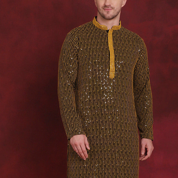 Jompers Men's Sequins Chikankari Embroidered Kurta - Yellow - Distacart