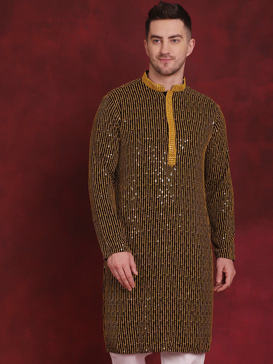Jompers Men's Sequins Chikankari Embroidered Kurta - Yellow - Distacart