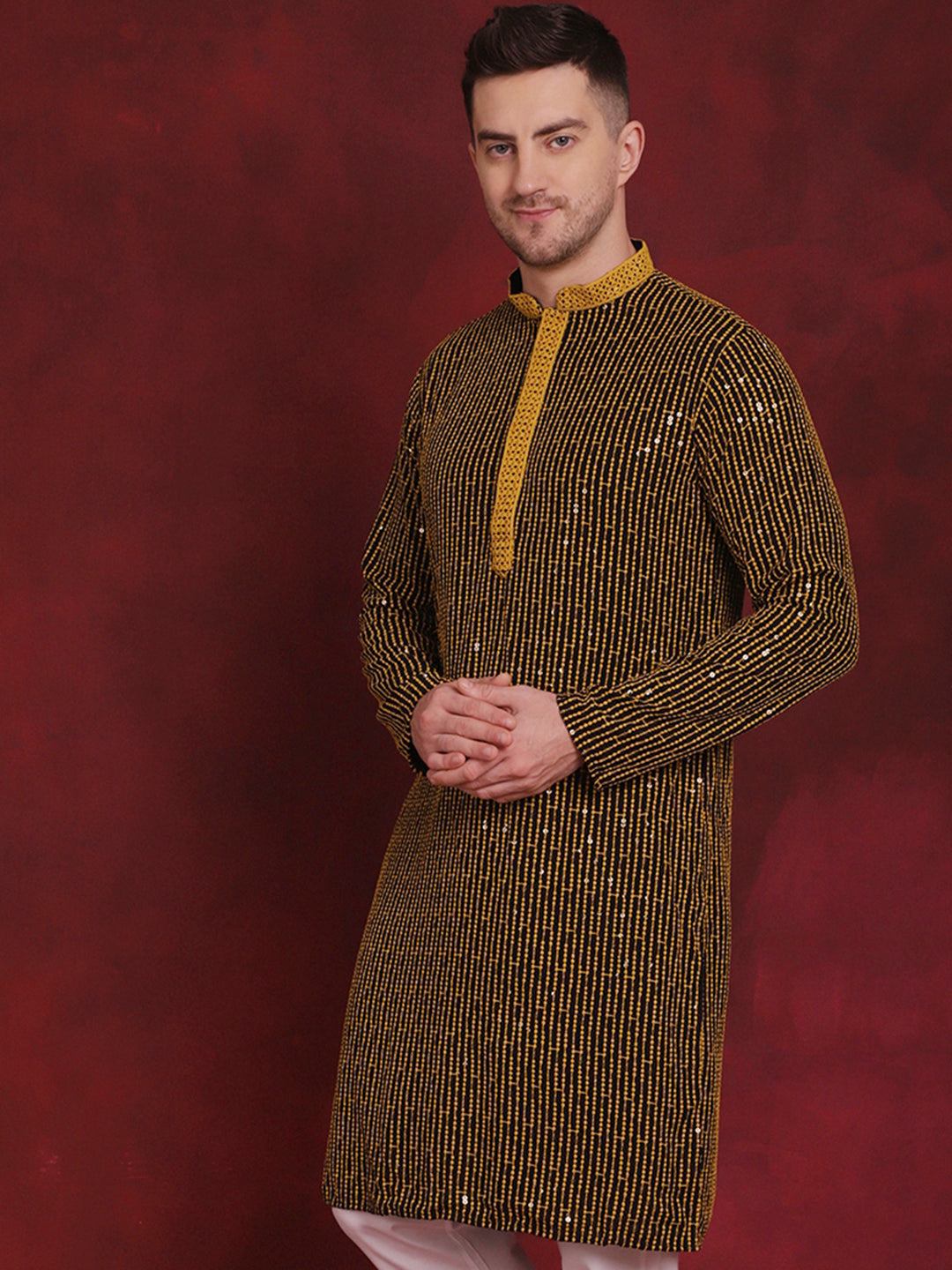 Jompers Men's Sequins Chikankari Embroidered Kurta - Yellow - Distacart