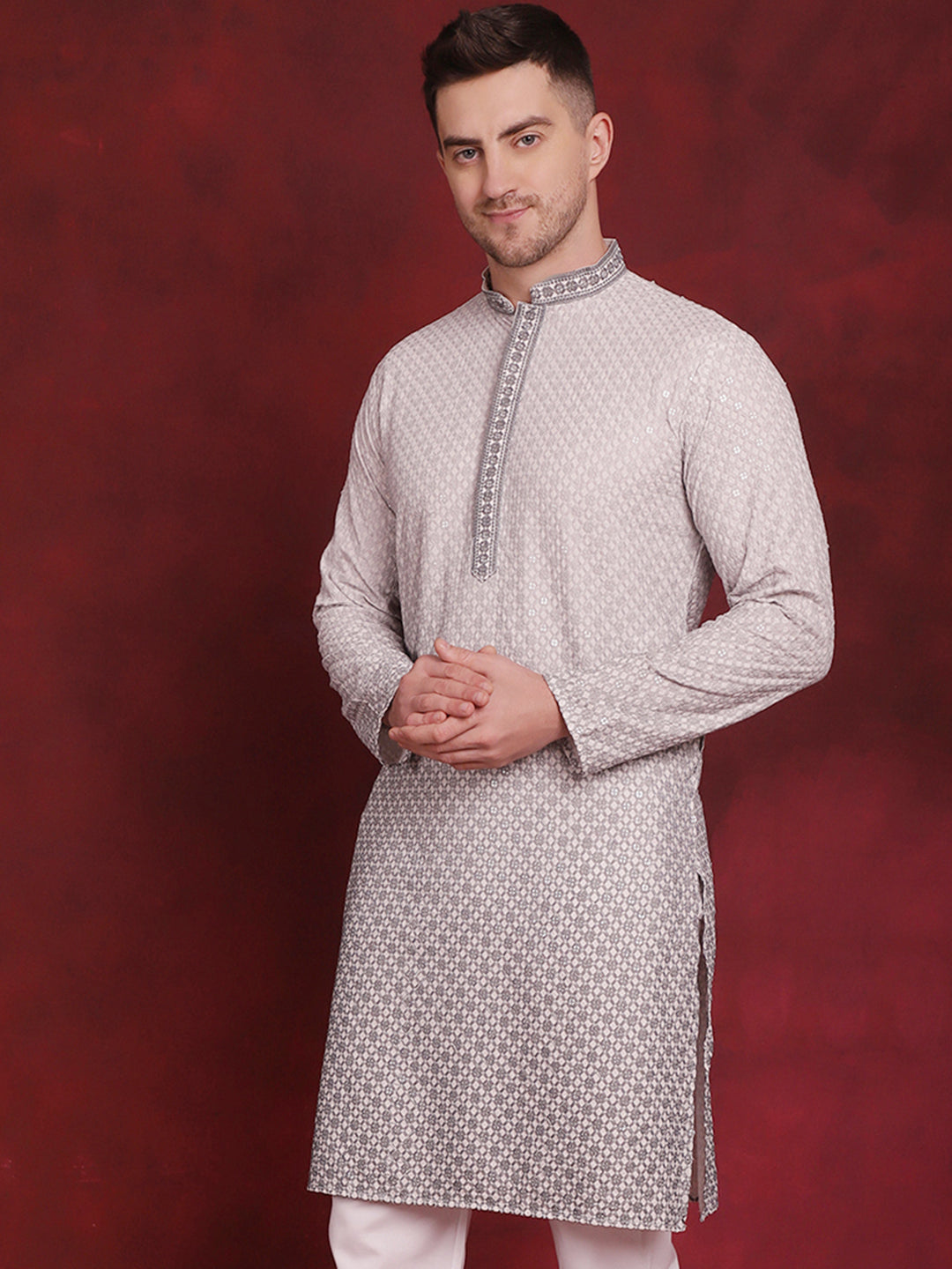 Jompers Men's Sequins Embroidered Kurta - Grey - Distacart
