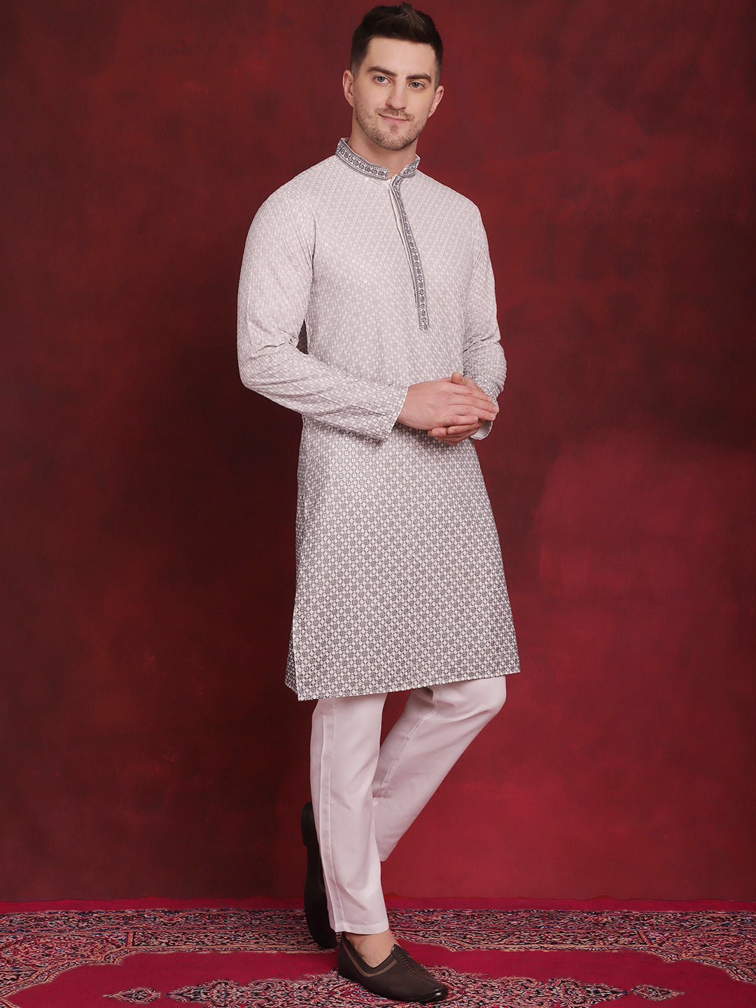 Jompers Men's Sequins Embroidered Kurta - Grey - Distacart
