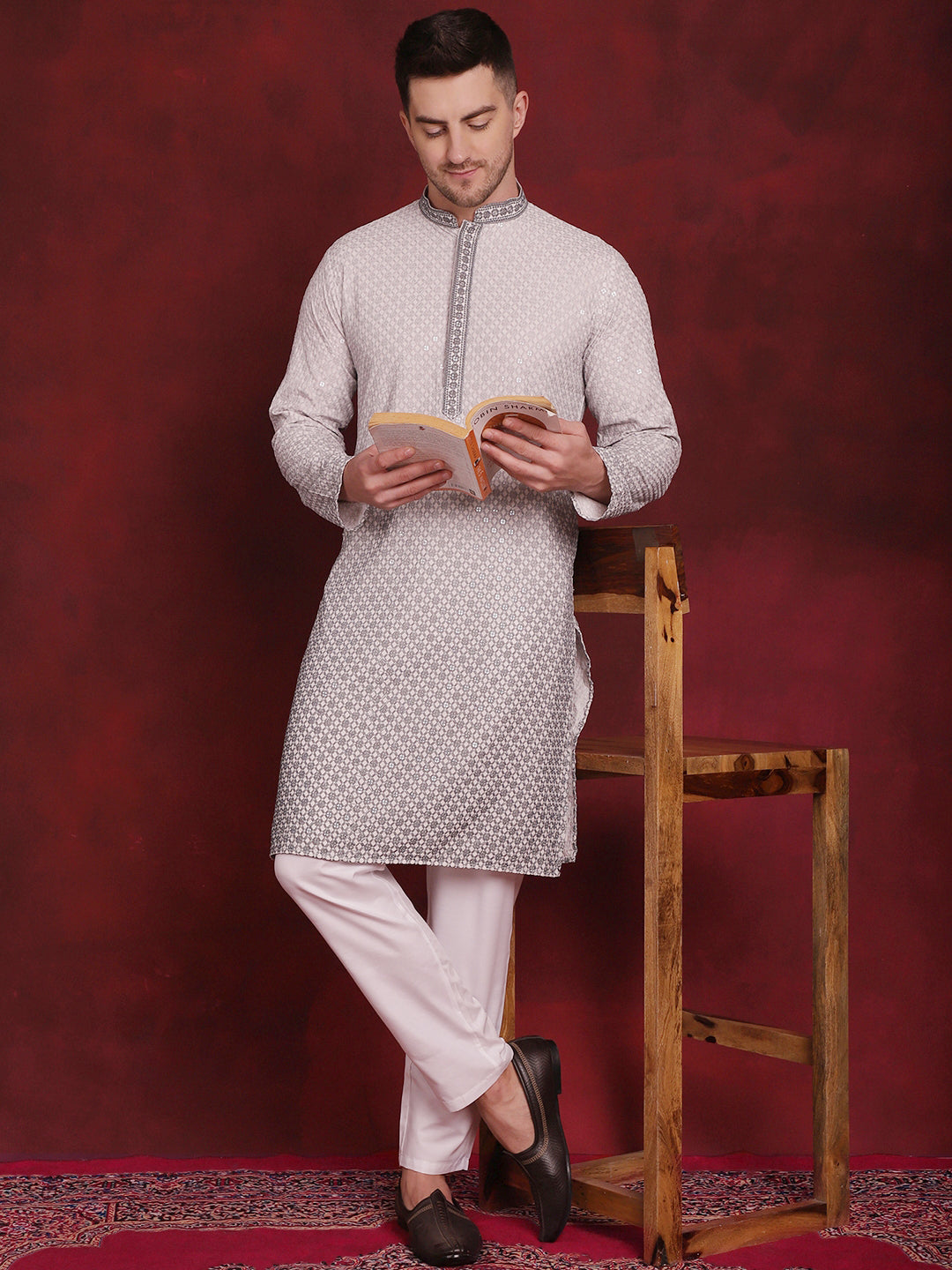 Jompers Men's Sequins Embroidered Kurta - Grey - Distacart