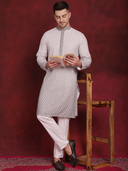 Jompers Men's Sequins Embroidered Kurta - Grey - Distacart