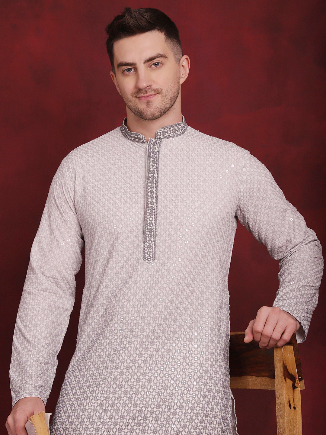 Jompers Men's Sequins Embroidered Kurta - Grey - Distacart