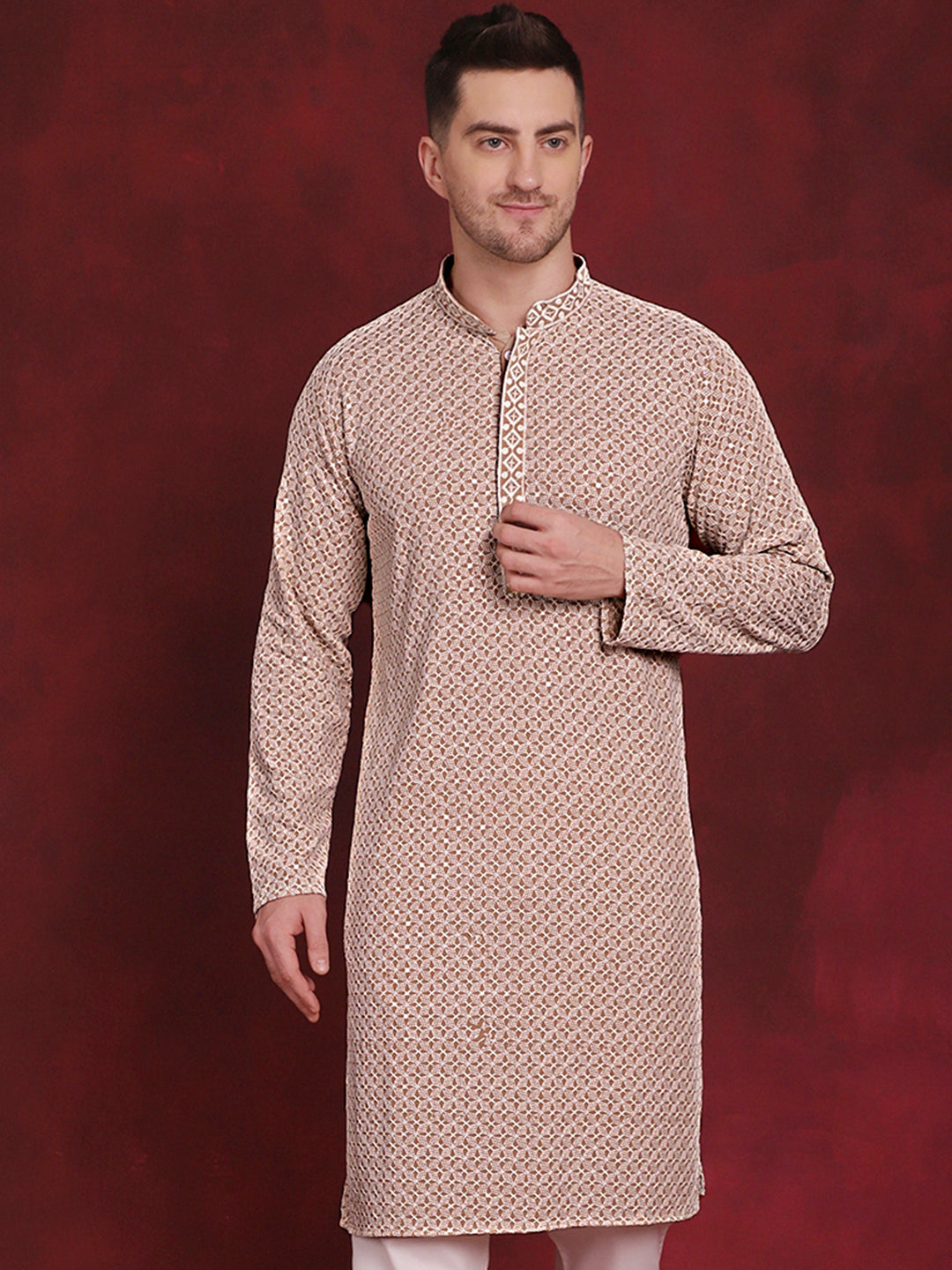 Jompers Men's Sequin Embroidered Pure Cotton Kurta - Beige - Distacart