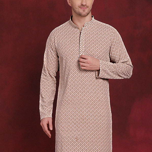 Jompers Men's Sequin Embroidered Pure Cotton Kurta - Beige - Distacart