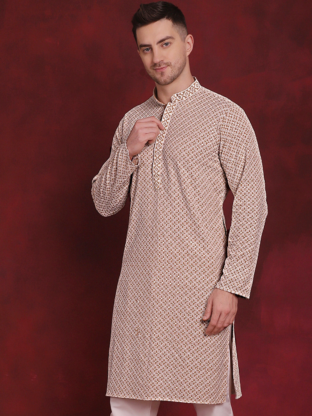 Jompers Men's Sequin Embroidered Pure Cotton Kurta - Beige - Distacart