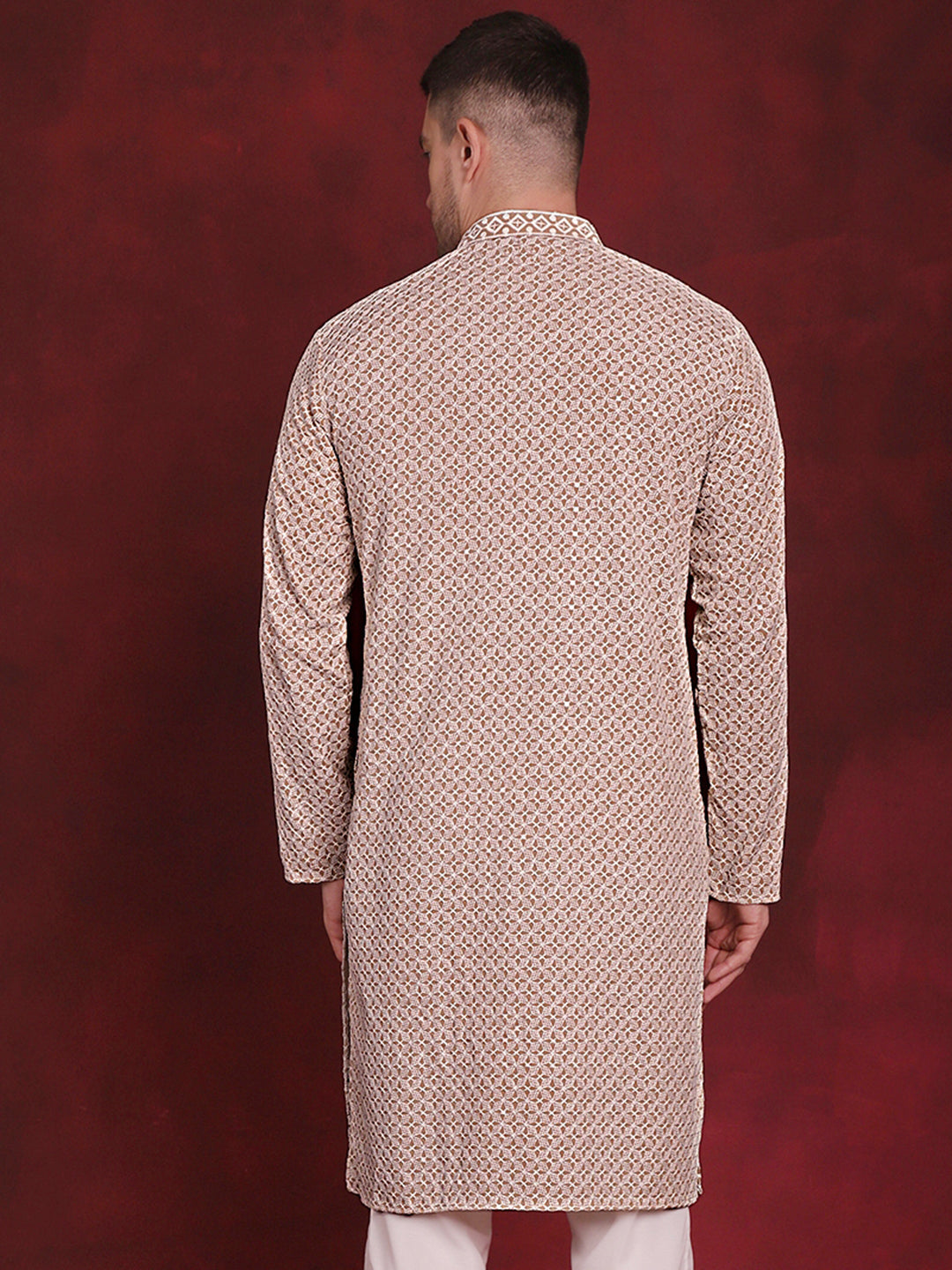 Jompers Men's Sequin Embroidered Pure Cotton Kurta - Beige - Distacart
