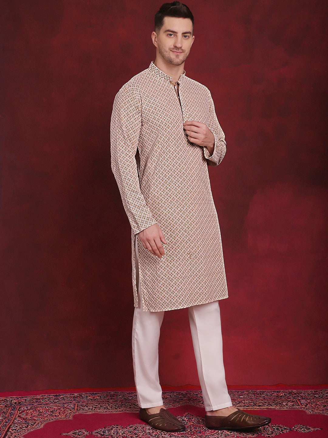 Jompers Men's Sequin Embroidered Pure Cotton Kurta - Beige - Distacart
