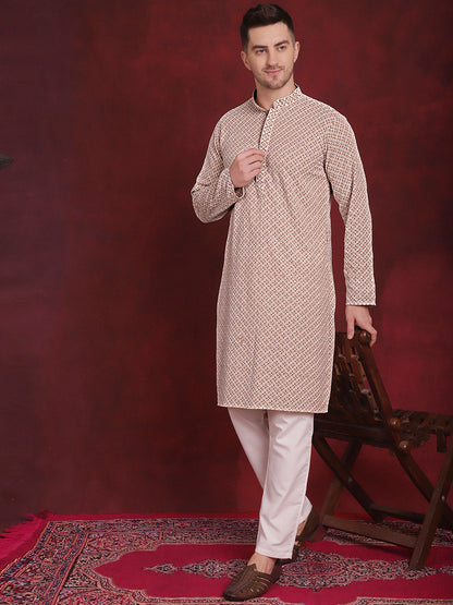 Jompers Men's Sequin Embroidered Pure Cotton Kurta - Beige - Distacart