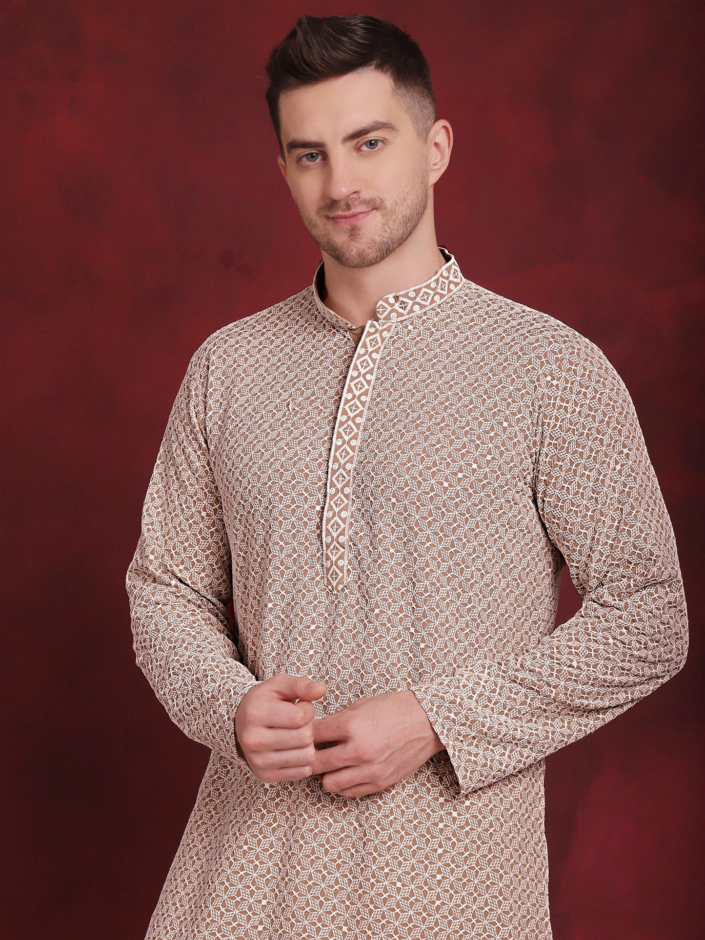 Jompers Men's Sequin Embroidered Pure Cotton Kurta - Beige - Distacart