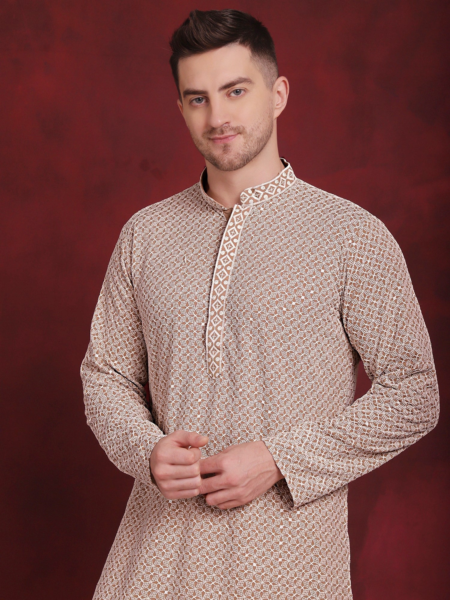 Jompers Men's Sequin Embroidered Pure Cotton Kurta - Beige - Distacart