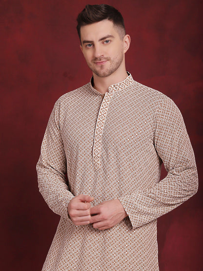 Jompers Men's Sequin Embroidered Pure Cotton Kurta - Beige - Distacart