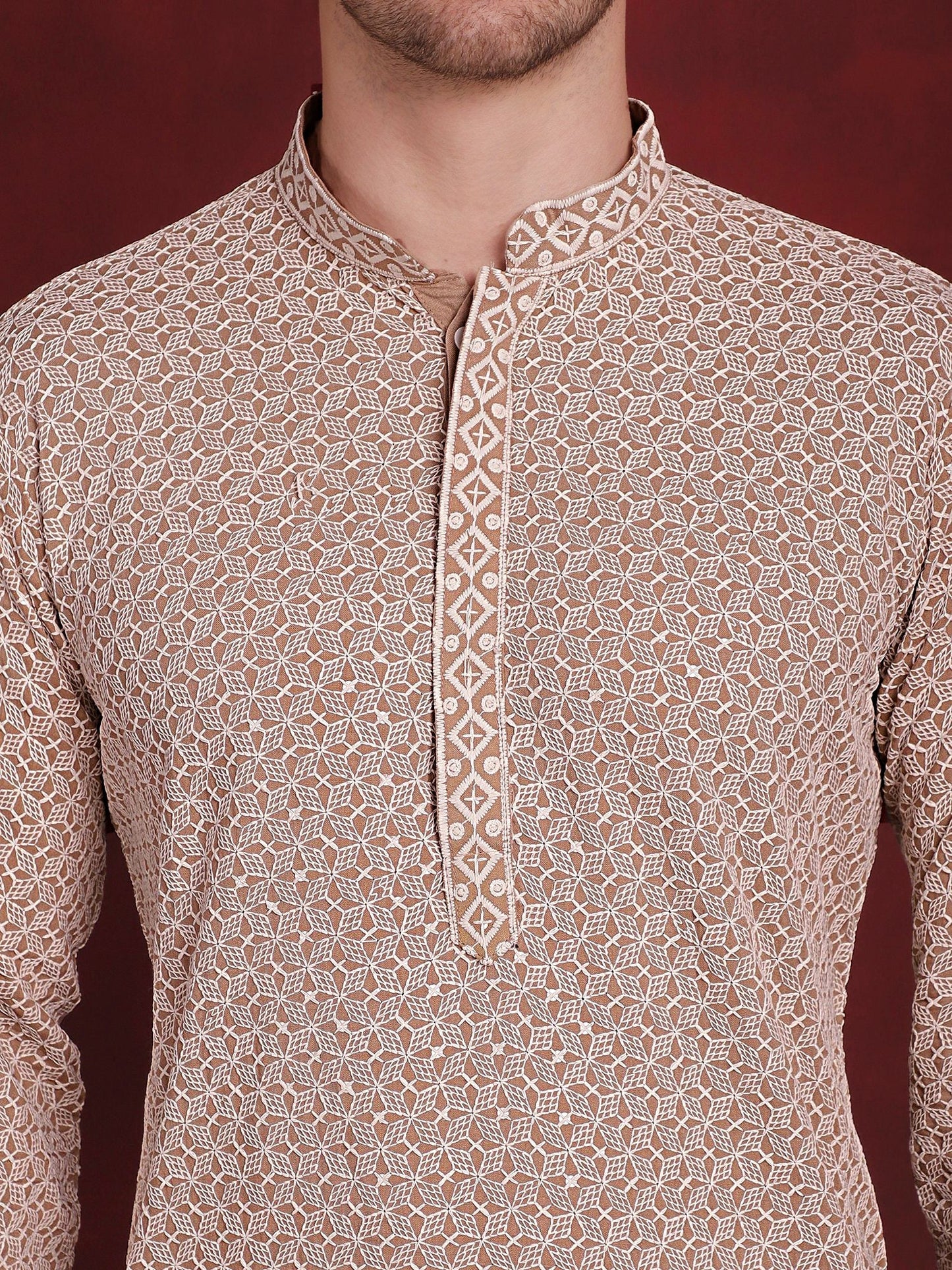 Jompers Men's Sequin Embroidered Pure Cotton Kurta - Beige - Distacart