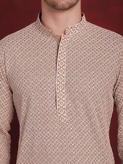 Jompers Men's Sequin Embroidered Pure Cotton Kurta - Beige - Distacart