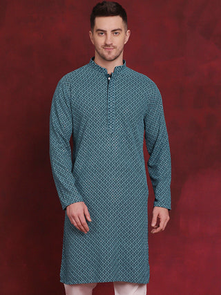 Jompers Men's Sequin Embroidered Pure Cotton Kurta - Blue - Distacart