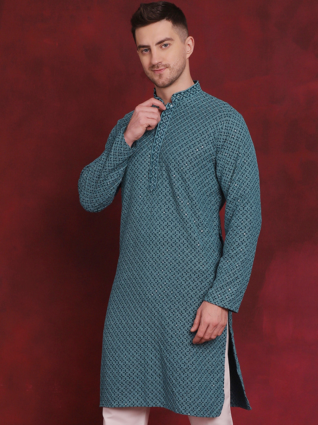 Jompers Men's Sequin Embroidered Pure Cotton Kurta - Blue - Distacart