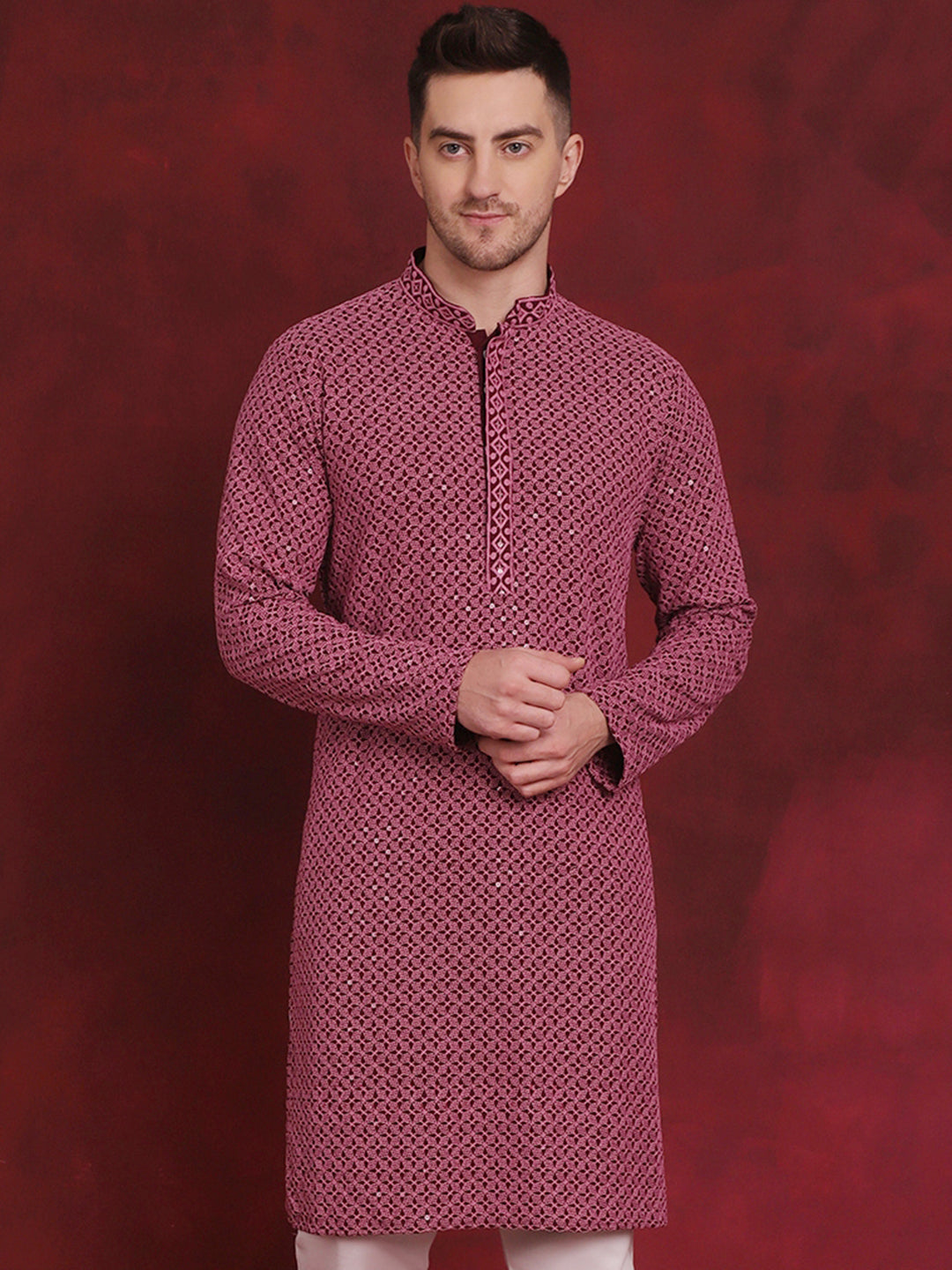Jompers Men's Sequin Embroidered Pure Cotton Kurta - Magenta - Distacart