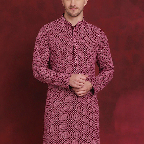 Jompers Men's Sequin Embroidered Pure Cotton Kurta - Magenta - Distacart