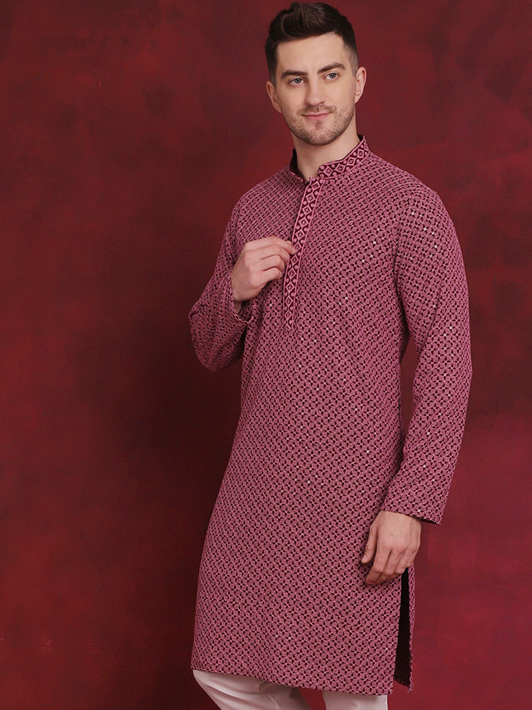 Jompers Men's Sequin Embroidered Pure Cotton Kurta - Magenta - Distacart