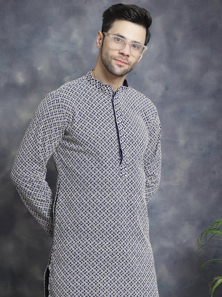 Jompers Men's Sequin Embroidered Pure Cotton Kurta - Navy Blue - Distacart